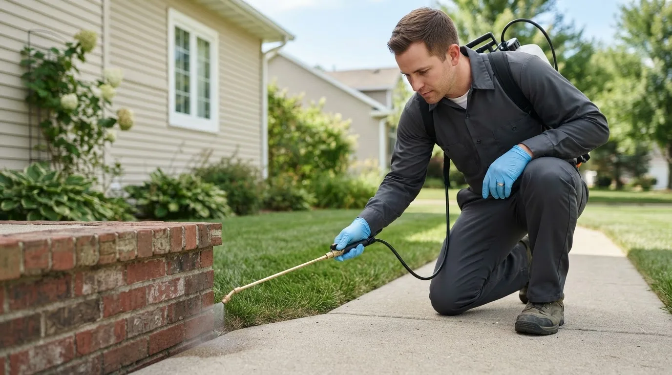 Pest control technician treating a home near Aberdeen Proving Ground, MD